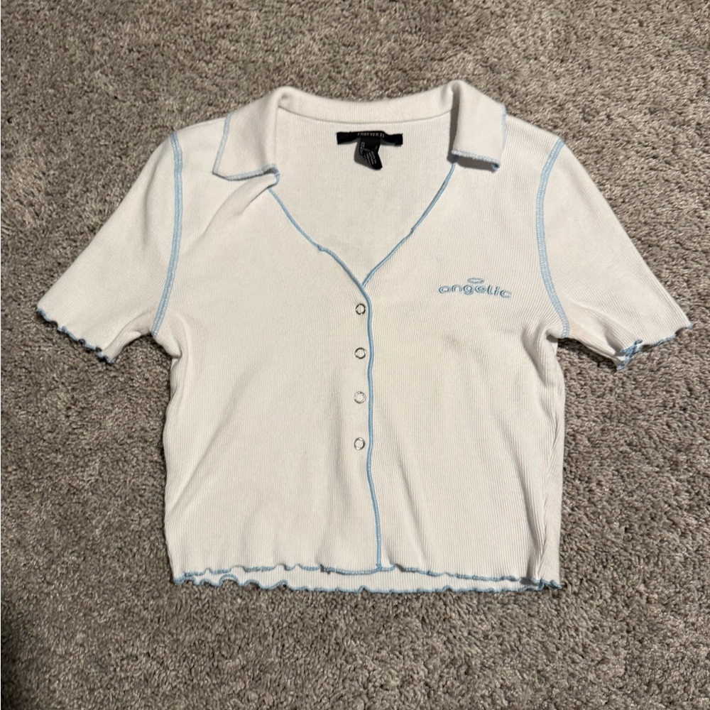 Forever 21 White Button-Down Shirt with Blue Trim